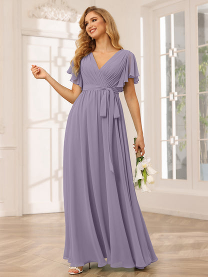 Forme Princesse Col V Manches courtes Longue Robes de demoiselle d'honneur avec Ceinture