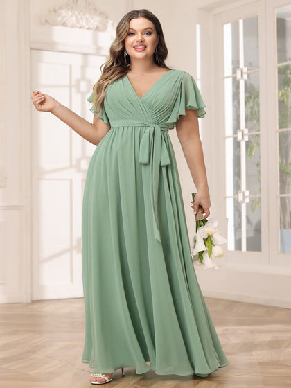 Robe de Demoiselled'Honneur Grande Taille, Coupe Trapèze/Princesse, Col en V, Manches Courtes, Longue avec Ceinture