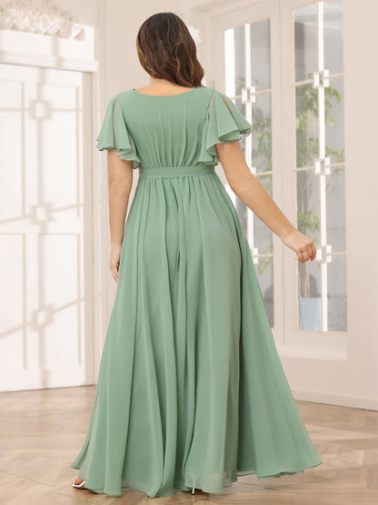 Robe de Demoiselled'Honneur Grande Taille, Coupe Trapèze/Princesse, Col en V, Manches Courtes, Longue avec Ceinture