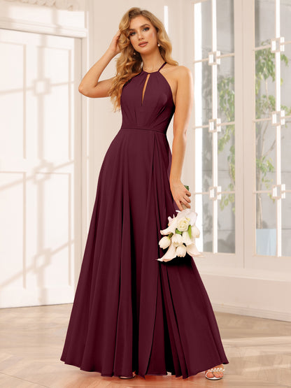 Forme Princesse Licou Longue Robes de demoiselle d'honneur avec Côté fendu