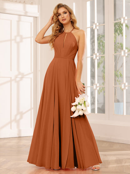 Forme Princesse Licou Longue Robes de demoiselle d'honneur avec Côté fendu