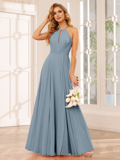 Forme Princesse Licou Longue Robes de demoiselle d'honneur avec Côté fendu