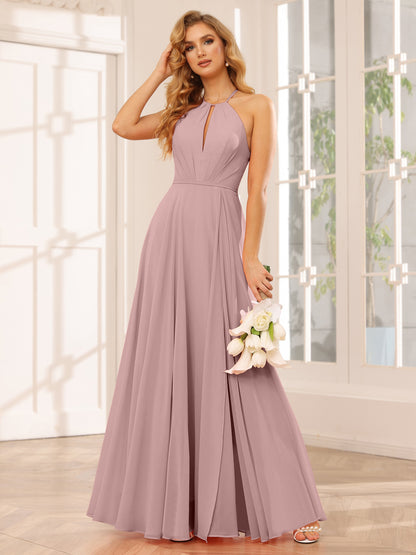 Forme Princesse Licou Longue Robes de demoiselle d'honneur avec Côté fendu