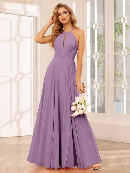Forme Princesse Licou Longue Robes de demoiselle d'honneur avec Côté fendu