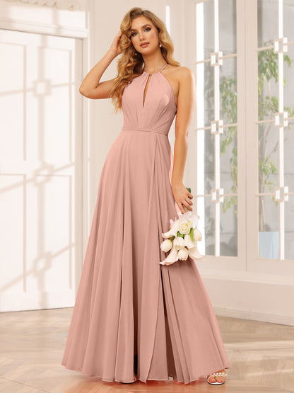 Forme Princesse Licou Longue Robes de demoiselle d'honneur avec Côté fendu