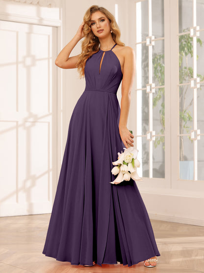 Forme Princesse Licou Longue Robes de demoiselle d'honneur avec Côté fendu