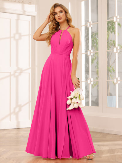 Forme Princesse Licou Longue Robes de demoiselle d'honneur avec Côté fendu