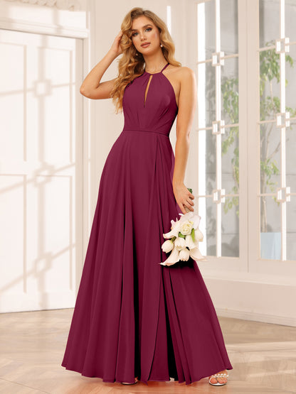 Forme Princesse Licou Longue Robes de demoiselle d'honneur avec Côté fendu