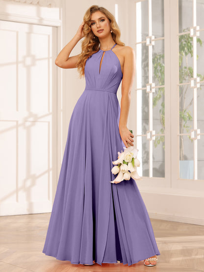 Forme Princesse Licou Longue Robes de demoiselle d'honneur avec Côté fendu