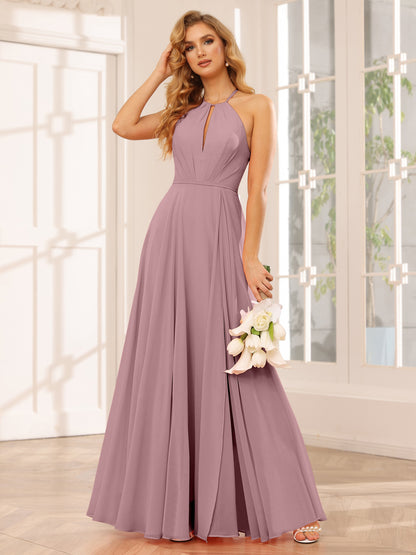 Forme Princesse Licou Longue Robes de demoiselle d'honneur avec Côté fendu