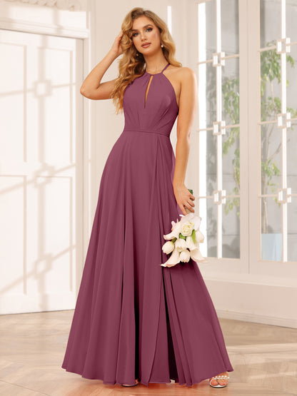 Forme Princesse Licou Longue Robes de demoiselle d'honneur avec Côté fendu