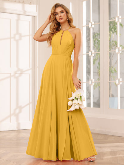 Forme Princesse Licou Longue Robes de demoiselle d'honneur avec Côté fendu