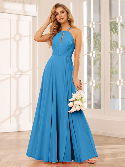 Forme Princesse Licou Longue Robes de demoiselle d'honneur avec Côté fendu