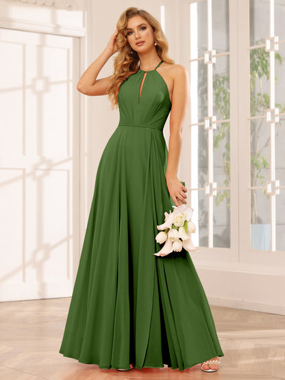 Forme Princesse Licou Longue Robes de demoiselle d'honneur avec Côté fendu