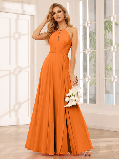 Forme Princesse Licou Longue Robes de demoiselle d'honneur avec Côté fendu