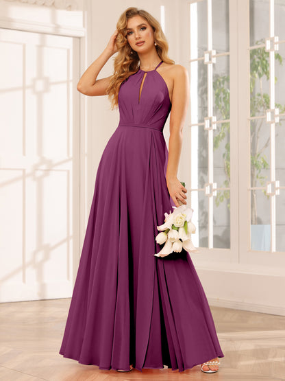 Forme Princesse Licou Longue Robes de demoiselle d'honneur avec Côté fendu