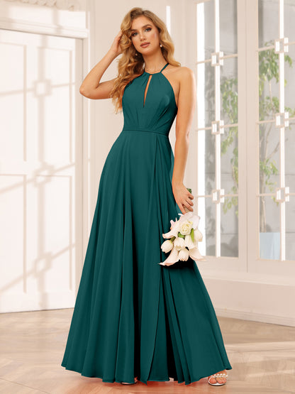 Forme Princesse Licou Longue Robes de demoiselle d'honneur avec Côté fendu
