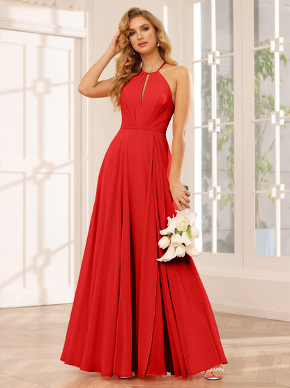 Forme Princesse Licou Longue Robes de demoiselle d'honneur avec Côté fendu