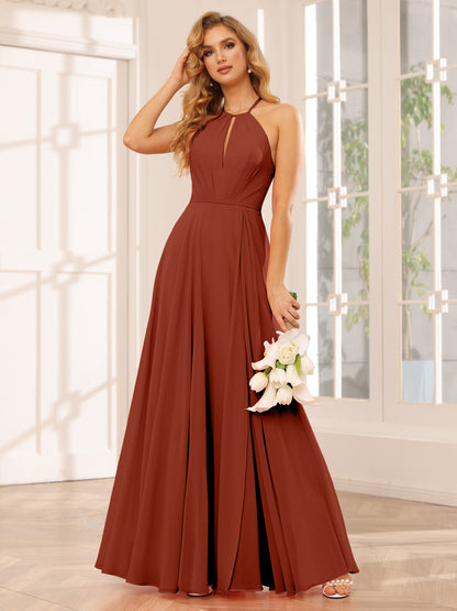 Forme Princesse Licou Longue Robes de demoiselle d'honneur avec Côté fendu