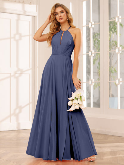 Forme Princesse Licou Longue Robes de demoiselle d'honneur avec Côté fendu