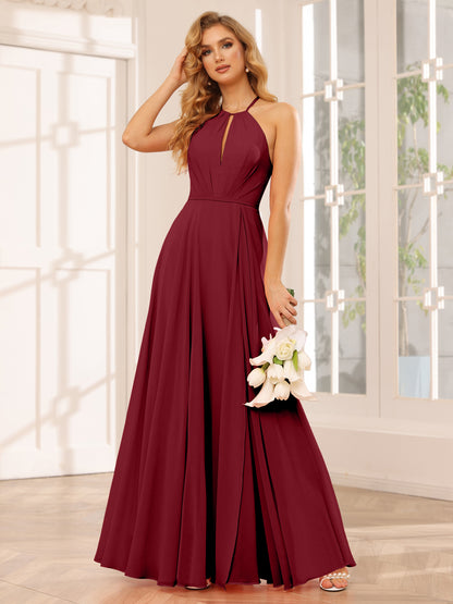 Forme Princesse Licou Longue Robes de demoiselle d'honneur avec Côté fendu
