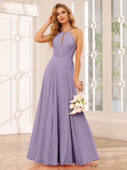 Forme Princesse Licou Longue Robes de demoiselle d'honneur avec Côté fendu