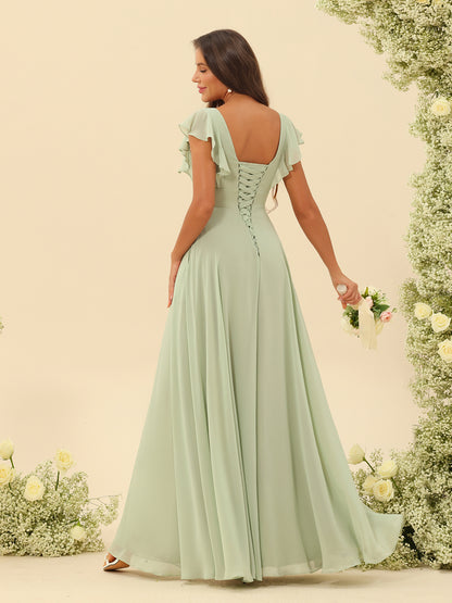 Forme Princesse Col V Longue Robes de demoiselle d'honneur avec Volants