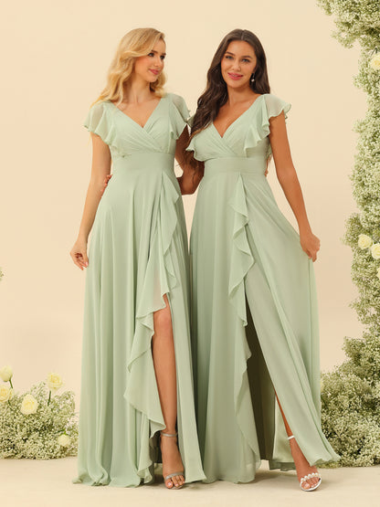 Forme Princesse Col V Longue Robes de demoiselle d'honneur avec Volants
