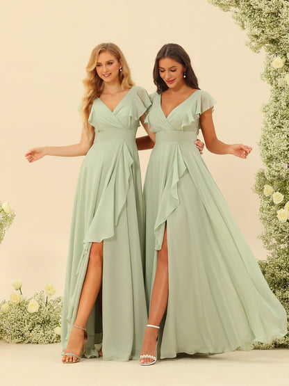 Forme Princesse Col V Longue Robes de demoiselle d'honneur avec Volants