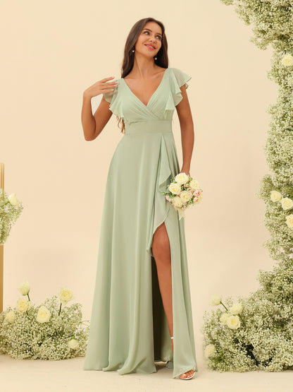 Forme Princesse Col V Longue Robes de demoiselle d'honneur avec Volants