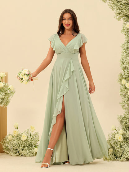 Forme Princesse Col V Longue Robes de demoiselle d'honneur avec Volants