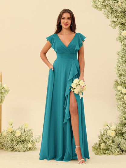 Forme Princesse Col V Longue Robes de demoiselle d'honneur avec Volants