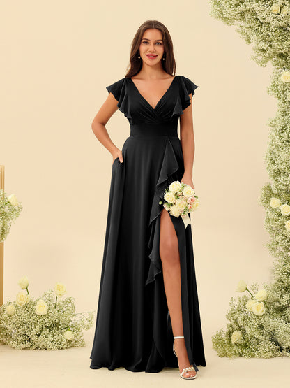 Forme Princesse Col V Longue Robes de demoiselle d'honneur avec Volants