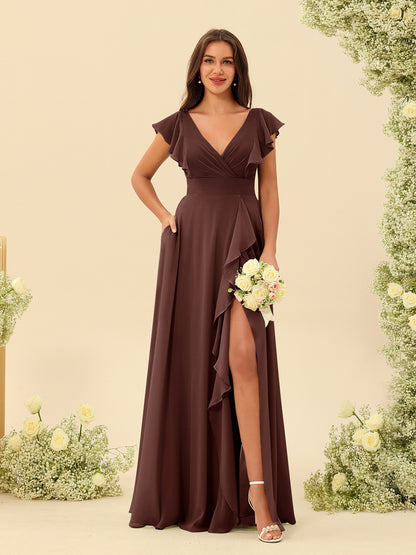 Forme Princesse Col V Longue Robes de demoiselle d'honneur avec Volants