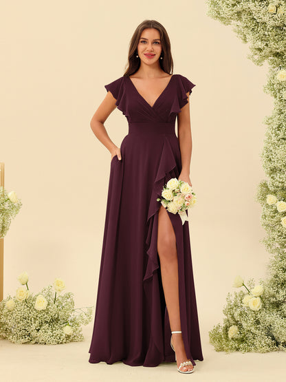 Forme Princesse Col V Longue Robes de demoiselle d'honneur avec Volants