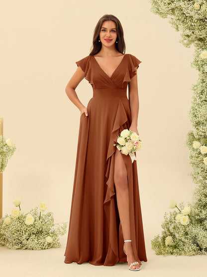 Forme Princesse Col V Longue Robes de demoiselle d'honneur avec Volants