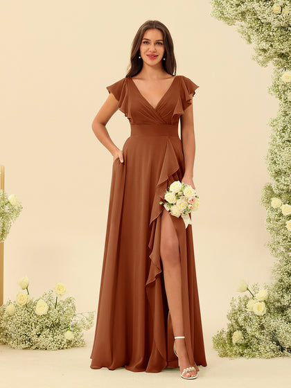 Forme Princesse Col V Longue Robes de demoiselle d'honneur avec Volants
