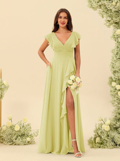 Forme Princesse Col V Longue Robes de demoiselle d'honneur avec Volants