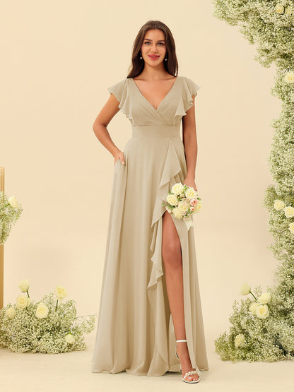 Forme Princesse Col V Longue Robes de demoiselle d'honneur avec Volants