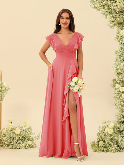 Forme Princesse Col V Longue Robes de demoiselle d'honneur avec Volants