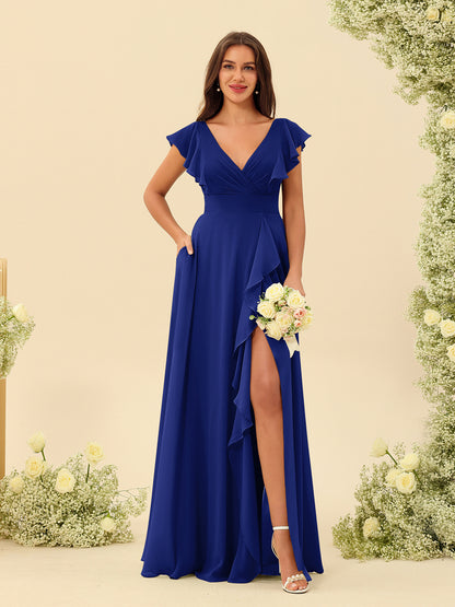 Forme Princesse Col V Longue Robes de demoiselle d'honneur avec Volants