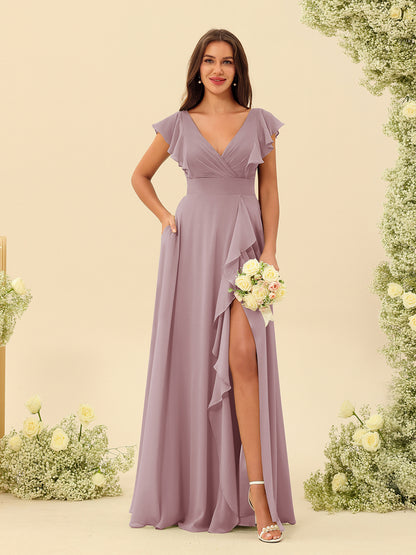 Forme Princesse Col V Longue Robes de demoiselle d'honneur avec Volants