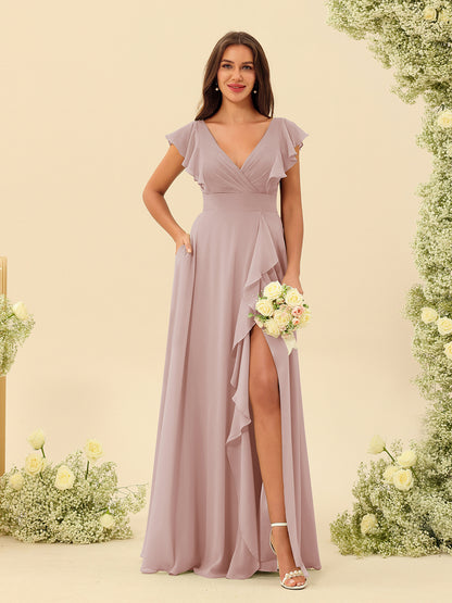 Forme Princesse Col V Longue Robes de demoiselle d'honneur avec Volants