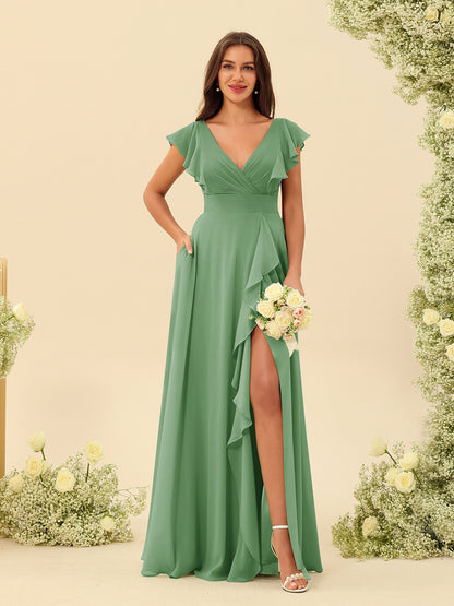 Forme Princesse Col V Longue Robes de demoiselle d'honneur avec Volants
