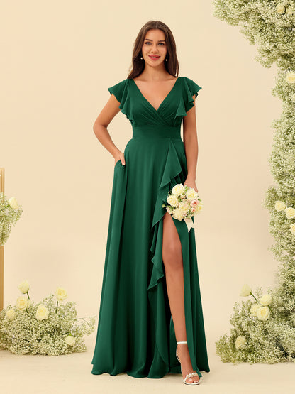 Forme Princesse Col V Longue Robes de demoiselle d'honneur avec Volants