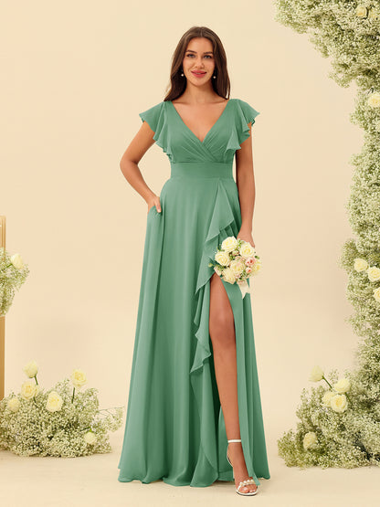 Forme Princesse Col V Longue Robes de demoiselle d'honneur avec Volants