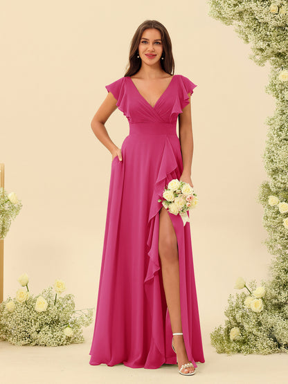 Forme Princesse Col V Longue Robes de demoiselle d'honneur avec Volants