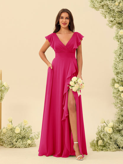 Forme Princesse Col V Longue Robes de demoiselle d'honneur avec Volants