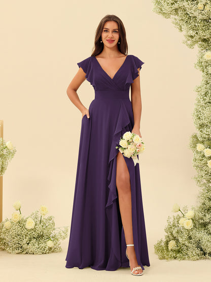 Forme Princesse Col V Longue Robes de demoiselle d'honneur avec Volants