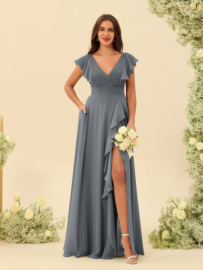 Forme Princesse Col V Longue Robes de demoiselle d'honneur avec Volants